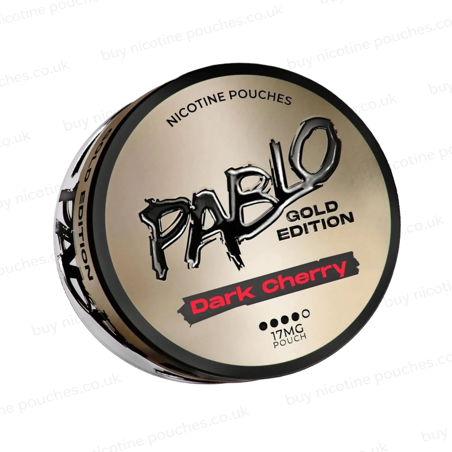 Angled shot of a nicotine pouch tub with Pablo Gold Dark Cherry branding on a white background.