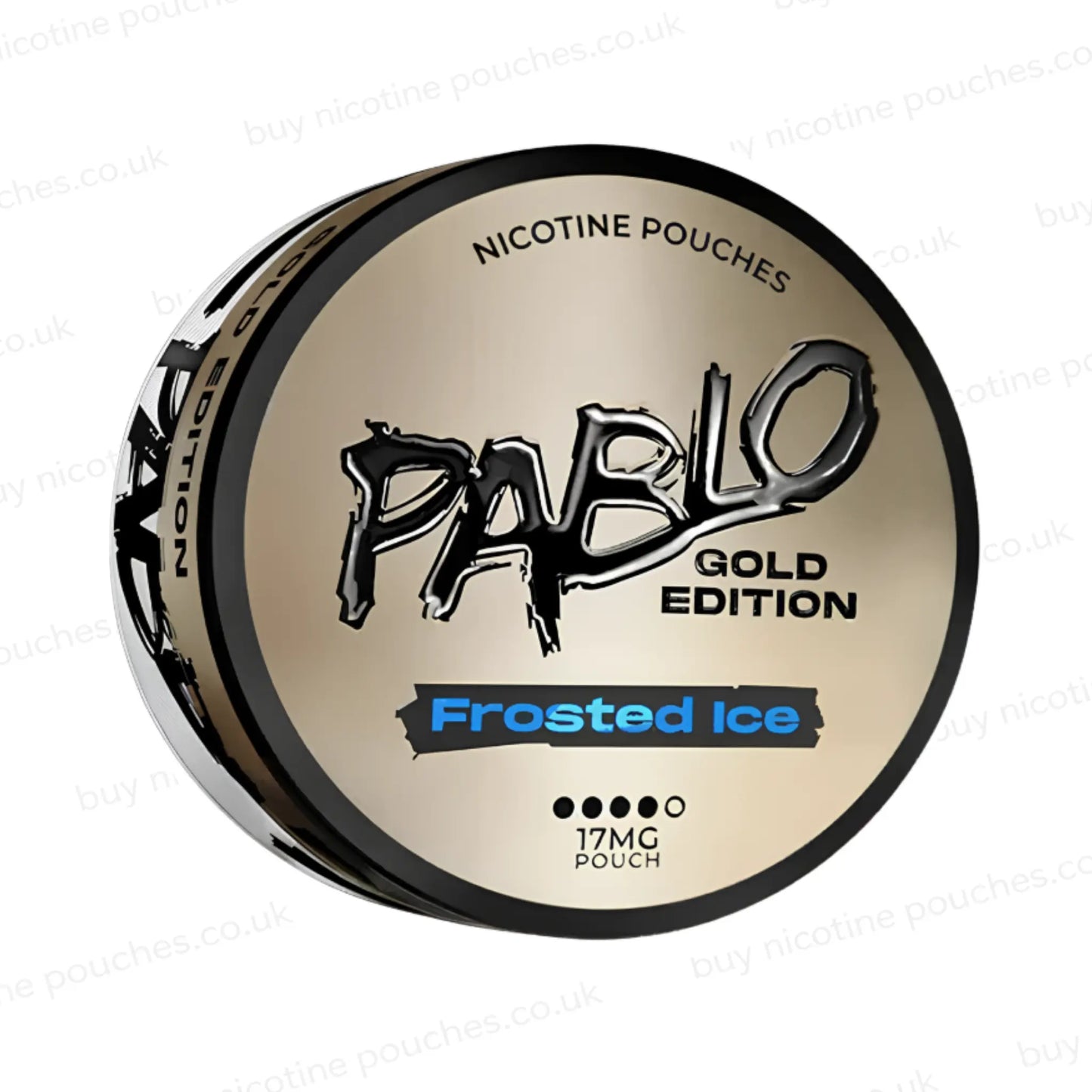 Angled shot of a nicotine pouch container with Pablo Gold Frosted Ice branding on a white background.