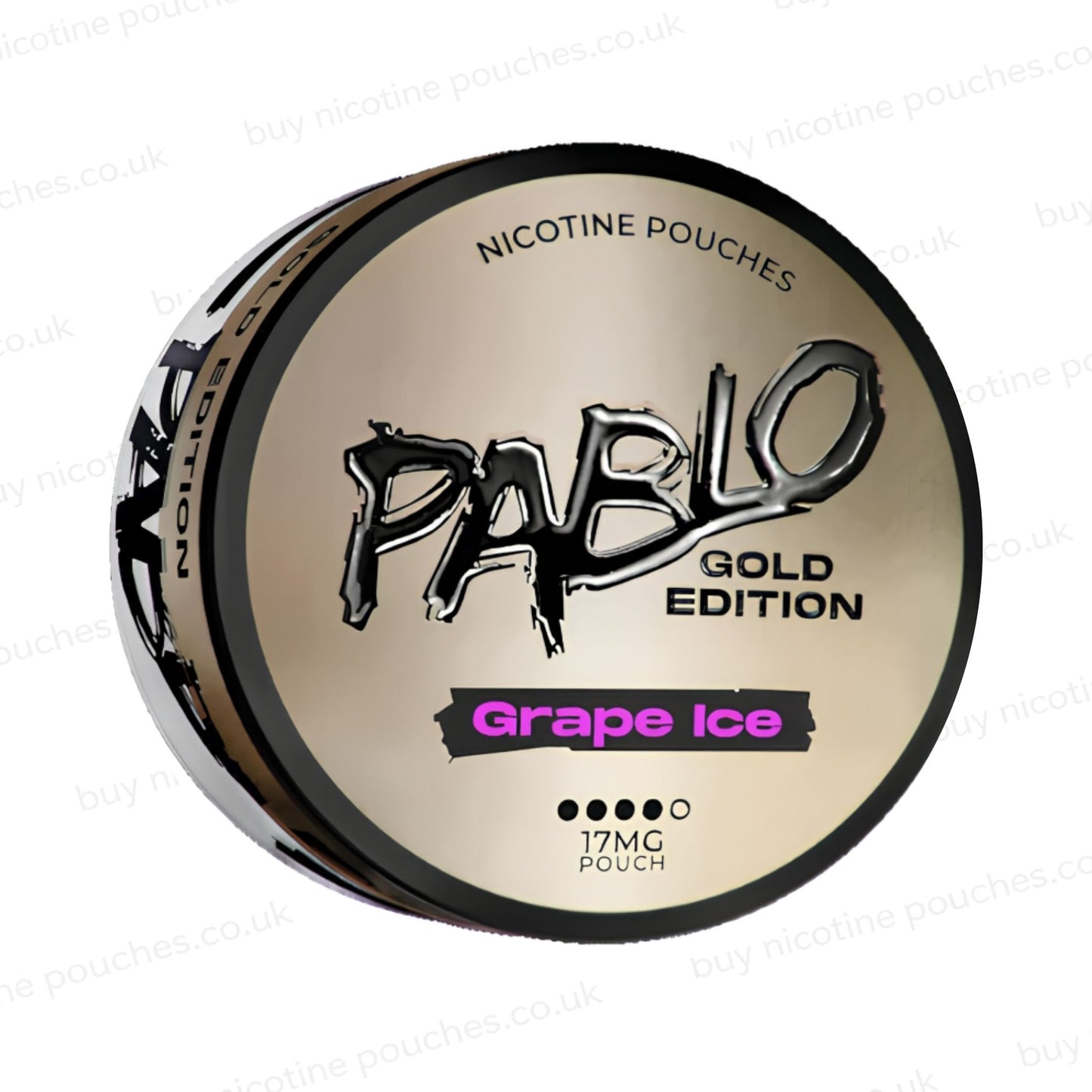 Angled shot of a nicotine pouch container with Pablo Gold Grape Ice branding on a white background.