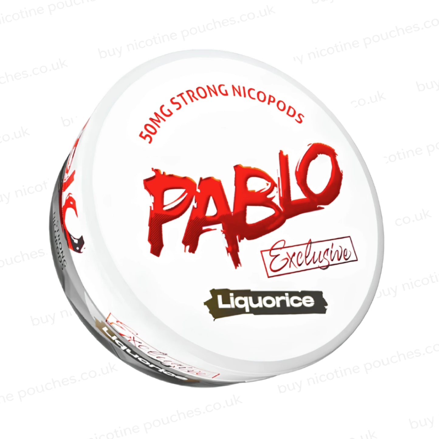 Angled shot of a nicotine pouch container with Pablo Liquorice branding on a white background.