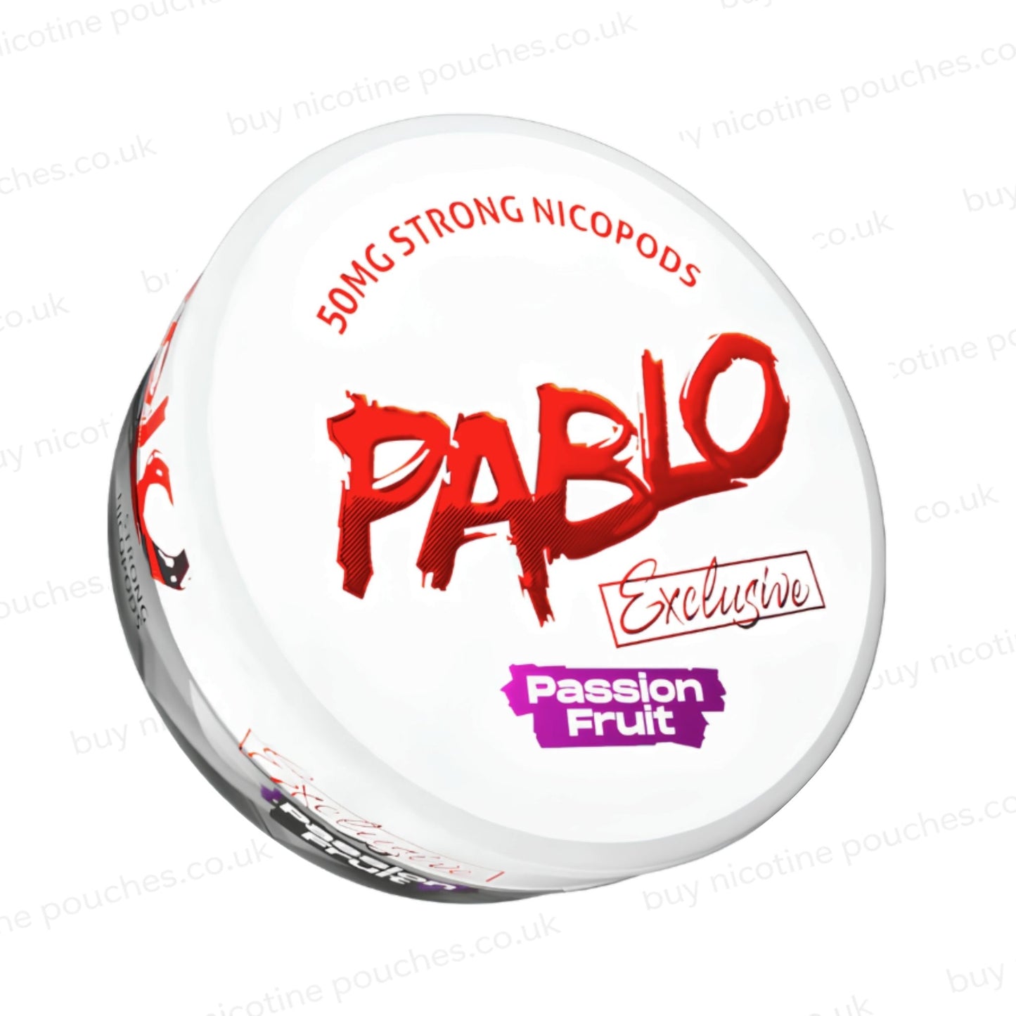 Angled shot of a nicotine pouch container with Pablo Passion Fruit branding on a white background.