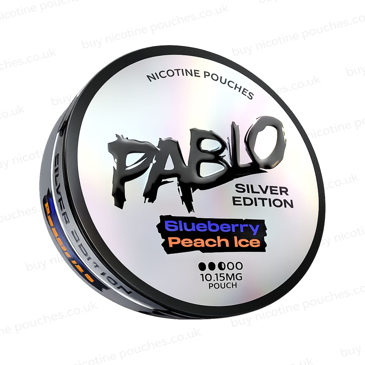 Angled shot of a nicotine pouch tub with 'PABLO Silver Edition Blueberry Peach Ice' branding on a white background.