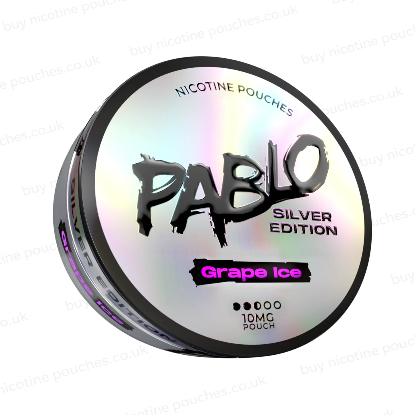 Angled shot of a nicotine pouch tub with 'Pablo Silver Edition Grape Ice' branding on a white background.