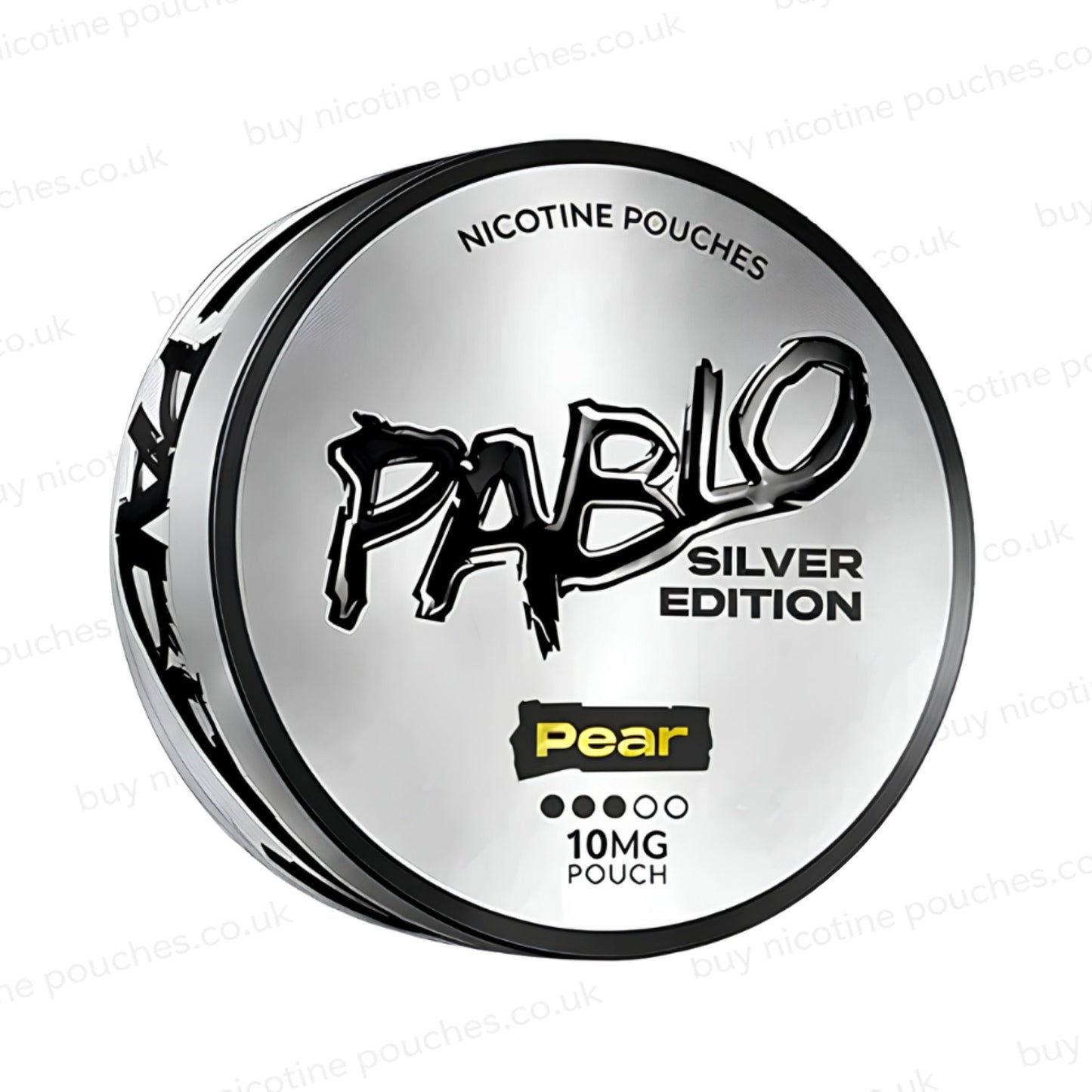 Angled shot of a nicotine pouch tub with Pablo Silver Edition Pear branding on a white background.