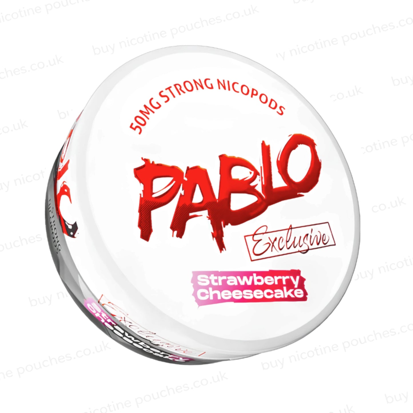 Angled shot of a nicotine pouch container with Pablo Strawberry Cheesecake branding on a white background.