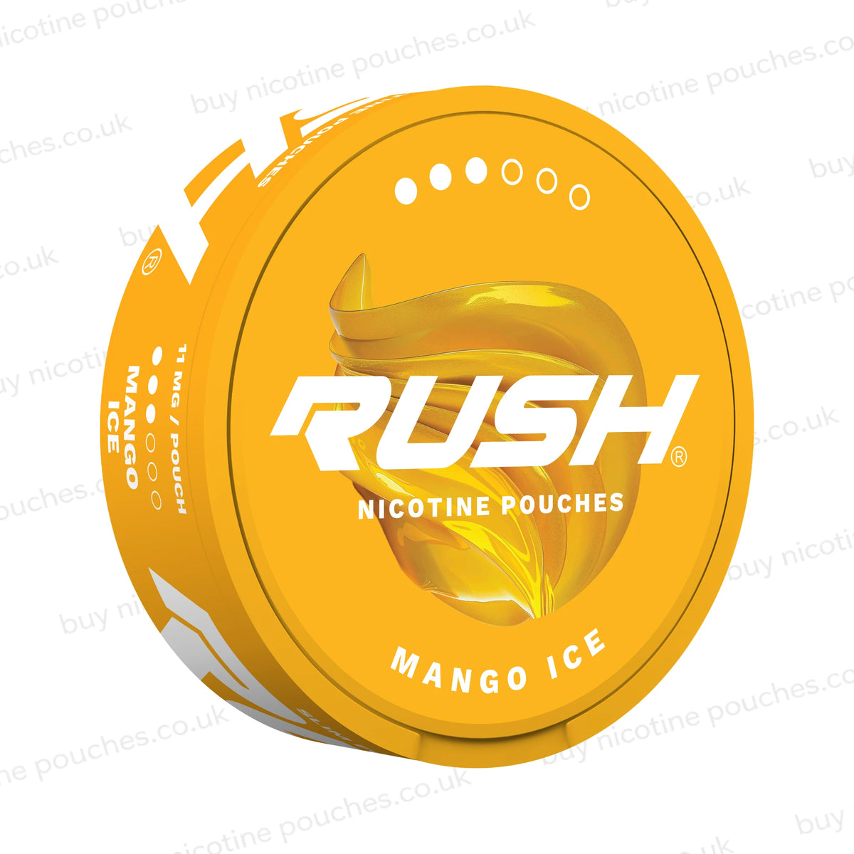Angled shot of an orange nicotine pouch can with RUSH Mango Ice 3-dot branding on a white. watermarked background.