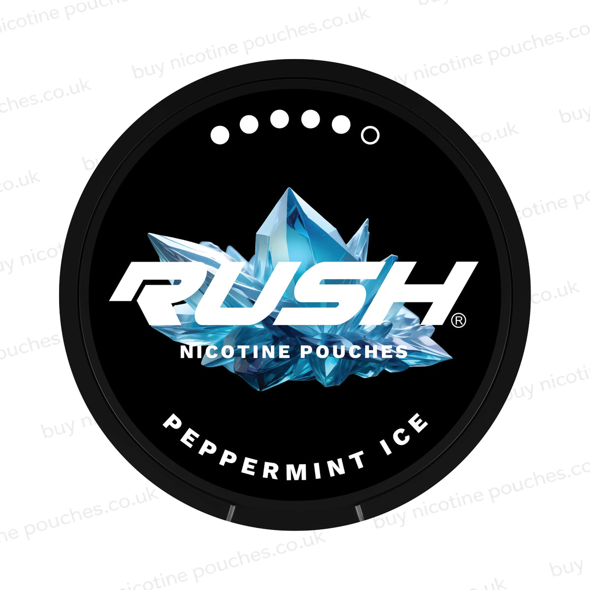 A circular black package for Rush Nicotine Pouches Peppermint Ice, featuring a blue crystalline graphic and white branding on a white background with faint watermarks.