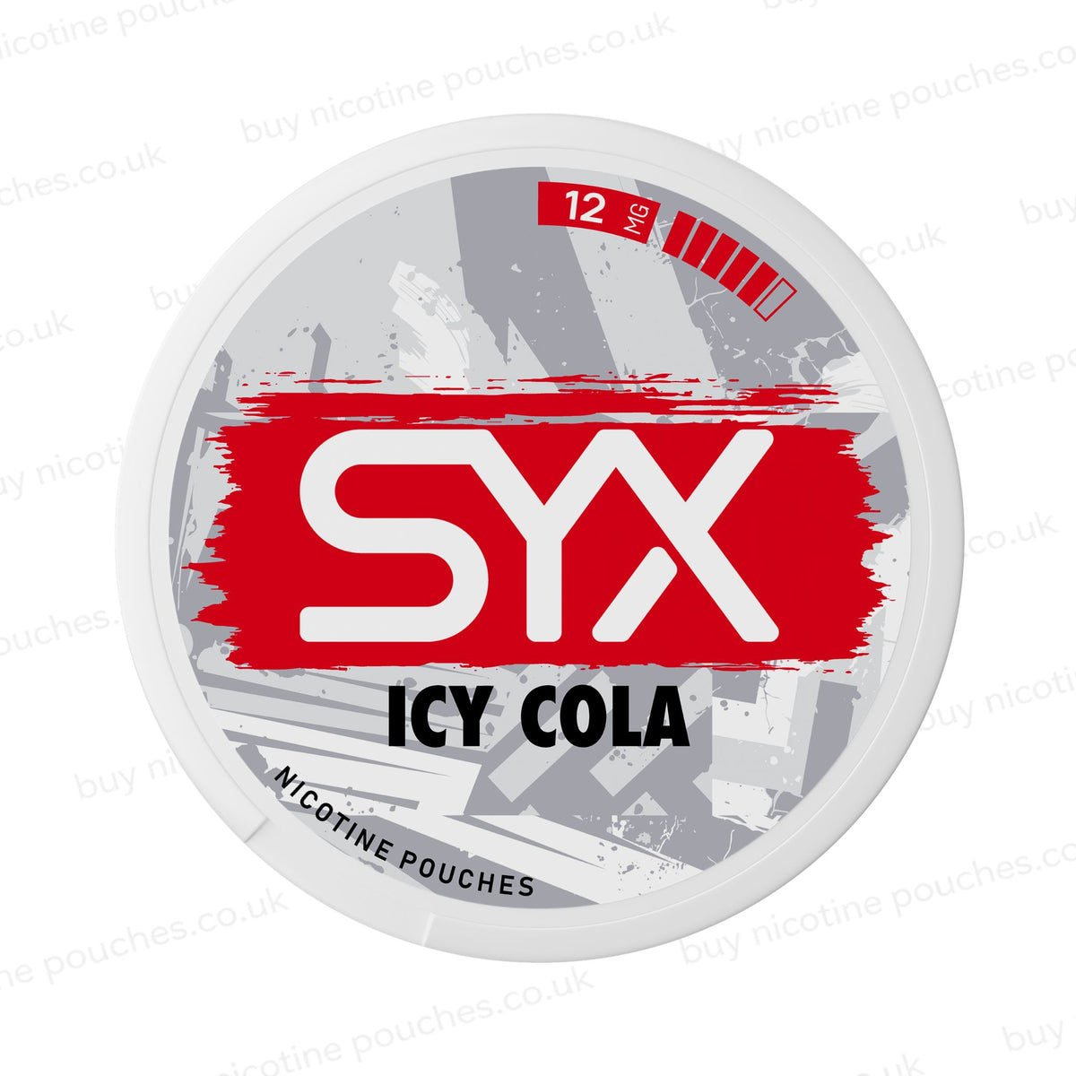 Nicotine pouch container with grey and red SYX Icy Cola branding on a white background.