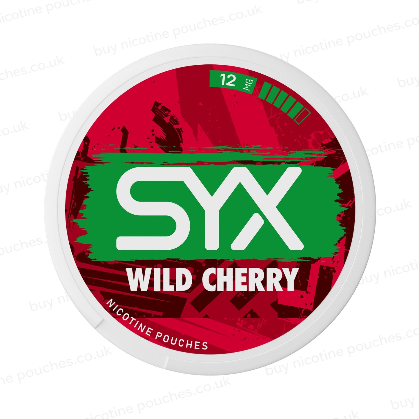 Nicotine pouch container with red SYX Wild Cherry branding on a white background.