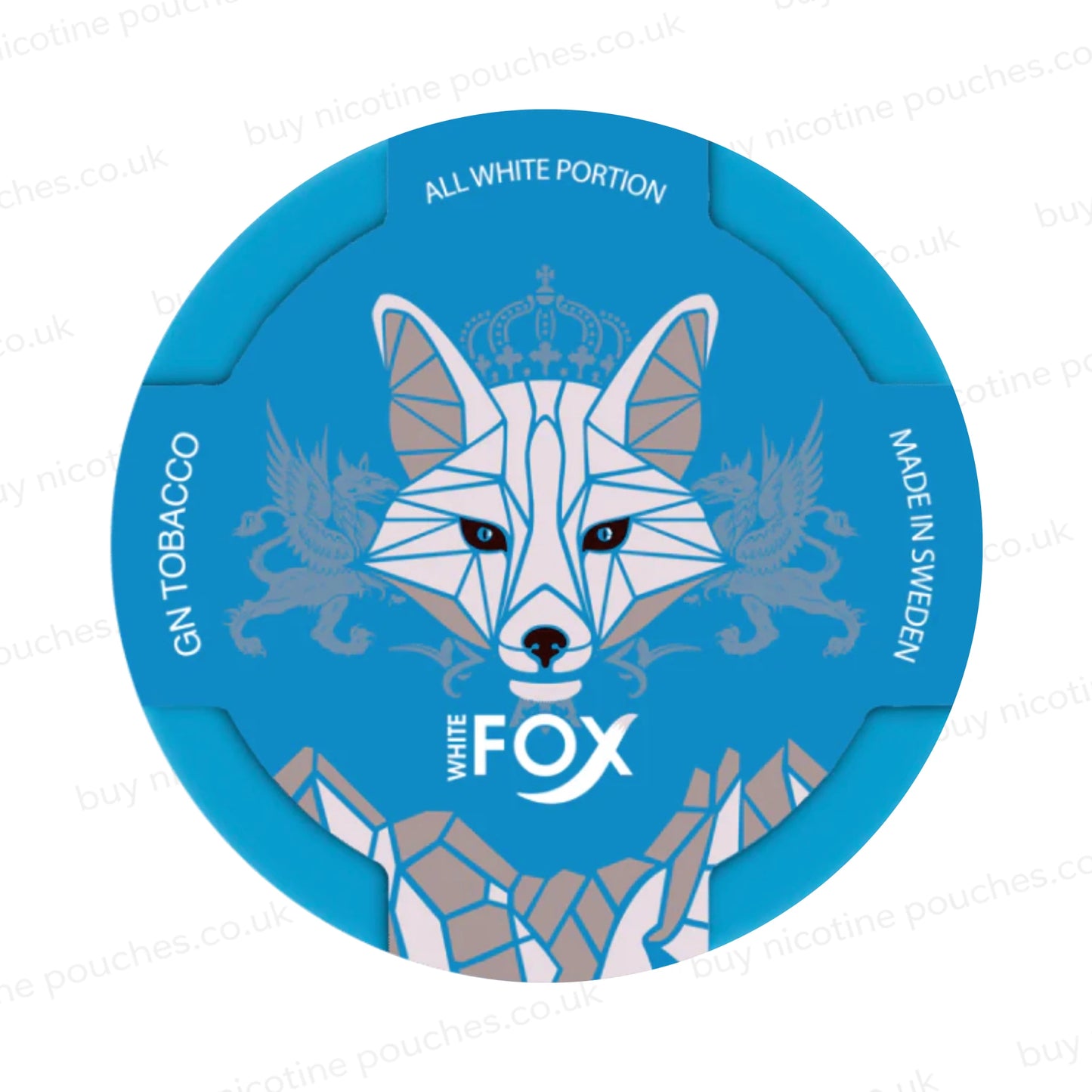 Blue container of White Fox nicotine pouches with a geometric fox design on a white background