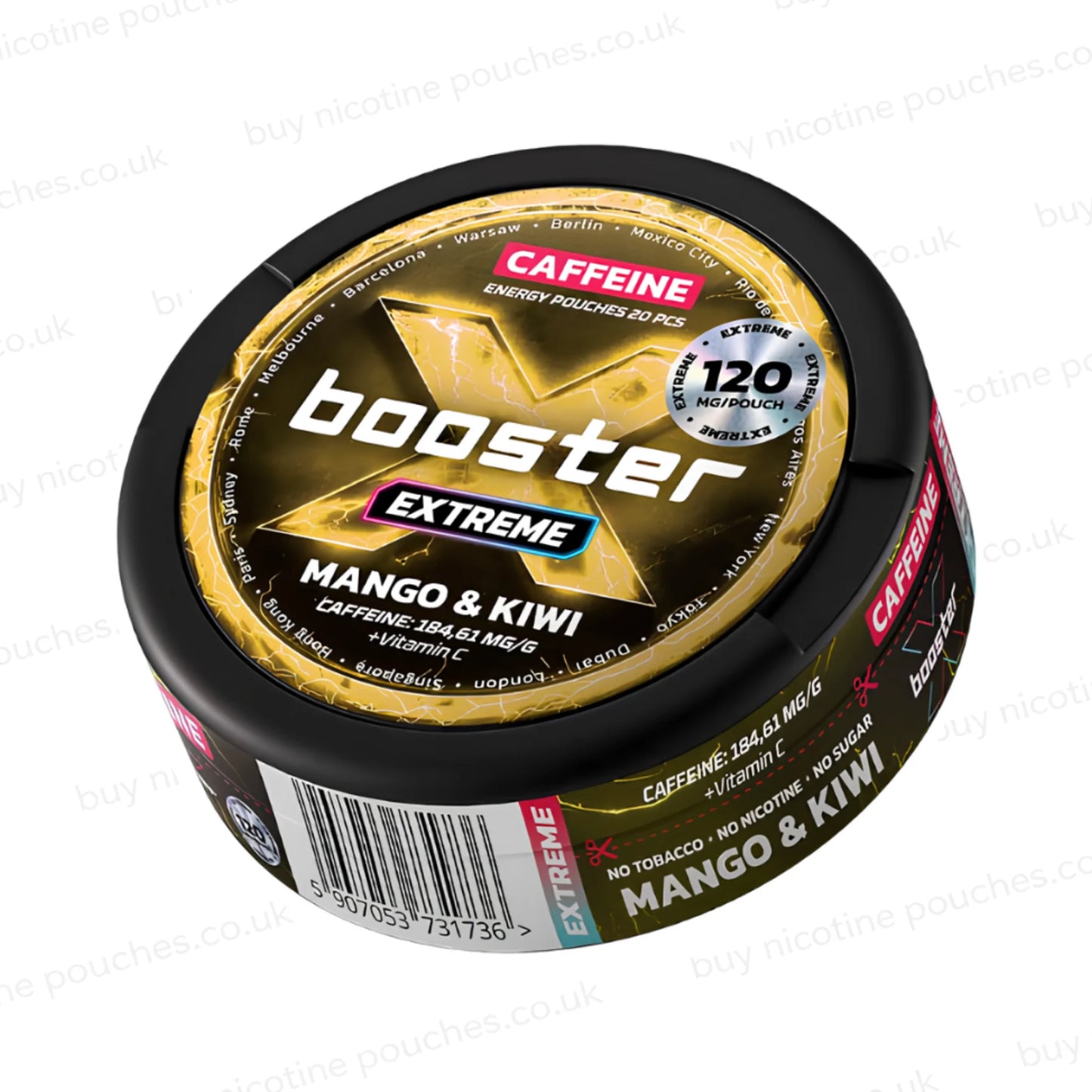 Angled shot of a black circular container with yellow X Booster Mango & Kiwi 120mg branding on a white background.