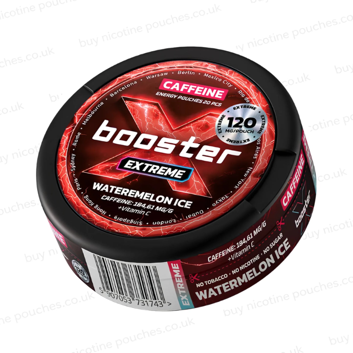 Angled shot of a black circular container with red X Booster Watermelon Ice 120mg branding on a white background.
