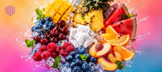 Landscape image showing a bundle of nicotine pouches surrounded by various fresh fruit, mint leaves, splashes of liquid and ice cubes with a multi-coloured background