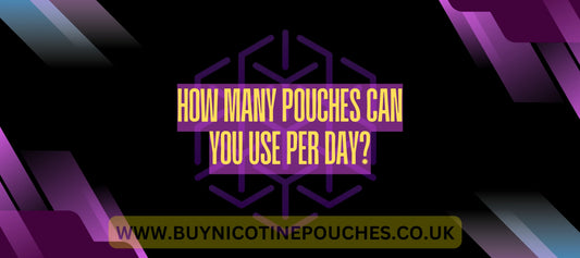 Bold yellow blog title text on a black and purple Buy Nicotine Pouches branded background.