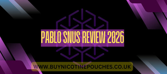 Bold yellow blog title text on a black and purple Buy Nicotine Pouches branded background.