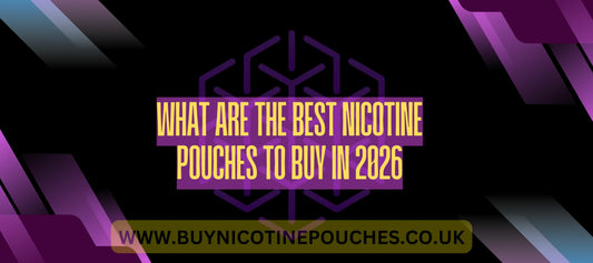 Bold yellow blog title text on a black and purple Buy Nicotine Pouches branded background.