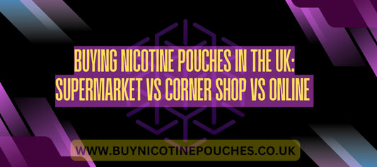 Banner with a Buy Nicotine Pouches branded dark purple background and bold blog title text.