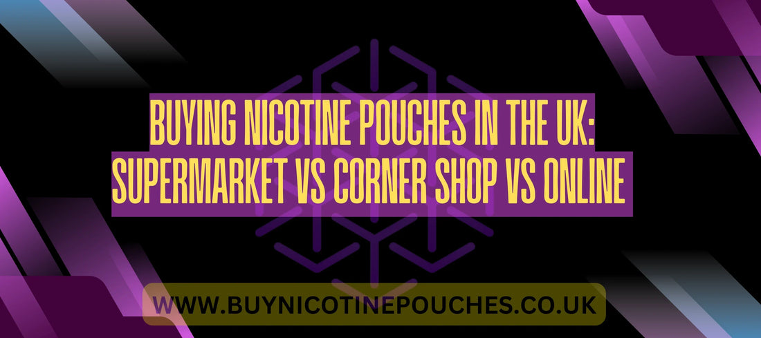 Banner with a Buy Nicotine Pouches branded dark purple background and bold blog title text.
