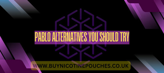 Bold yellow blog title text on a black and purple Buy Nicotine Pouches branded background.