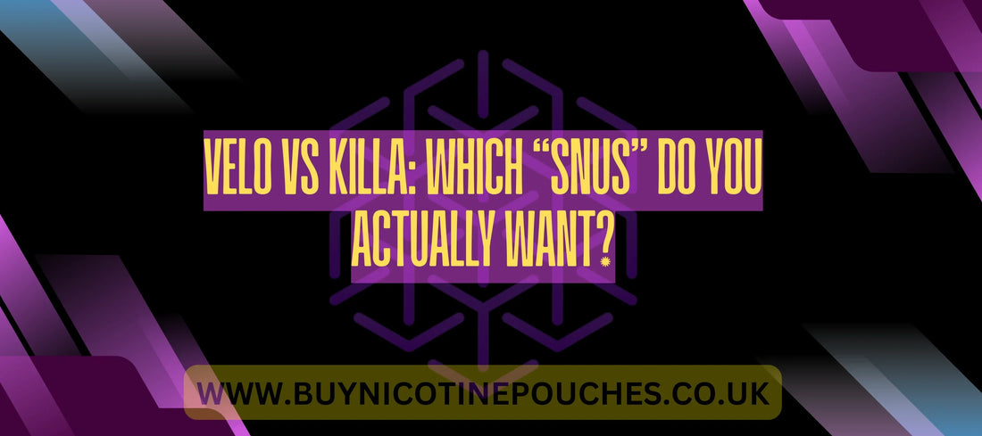 Bold yellow blog title text on a black and purple Buy Nicotine Pouches branded background.