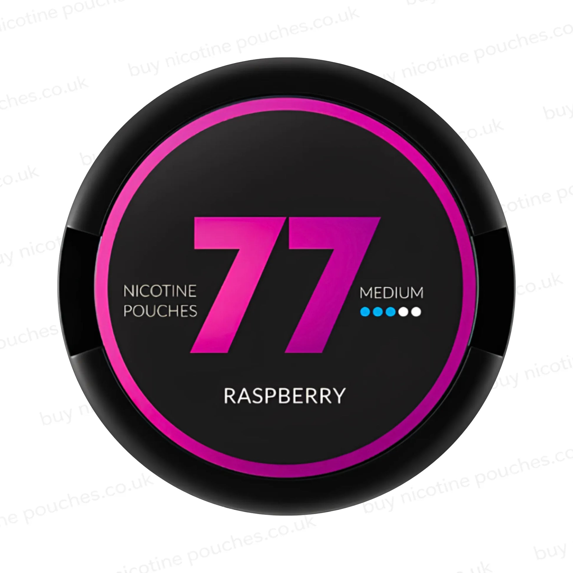 Black nicotine pouch container with purple 77 Raspberry branding on a white background.