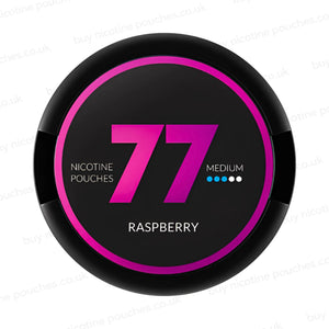 Black nicotine pouch container with purple 77 Raspberry branding on a white background.