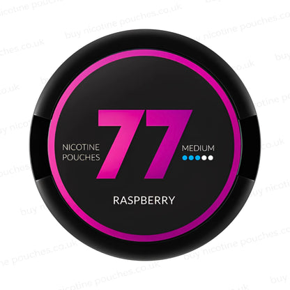 Black nicotine pouch container with purple 77 Raspberry branding on a white background.