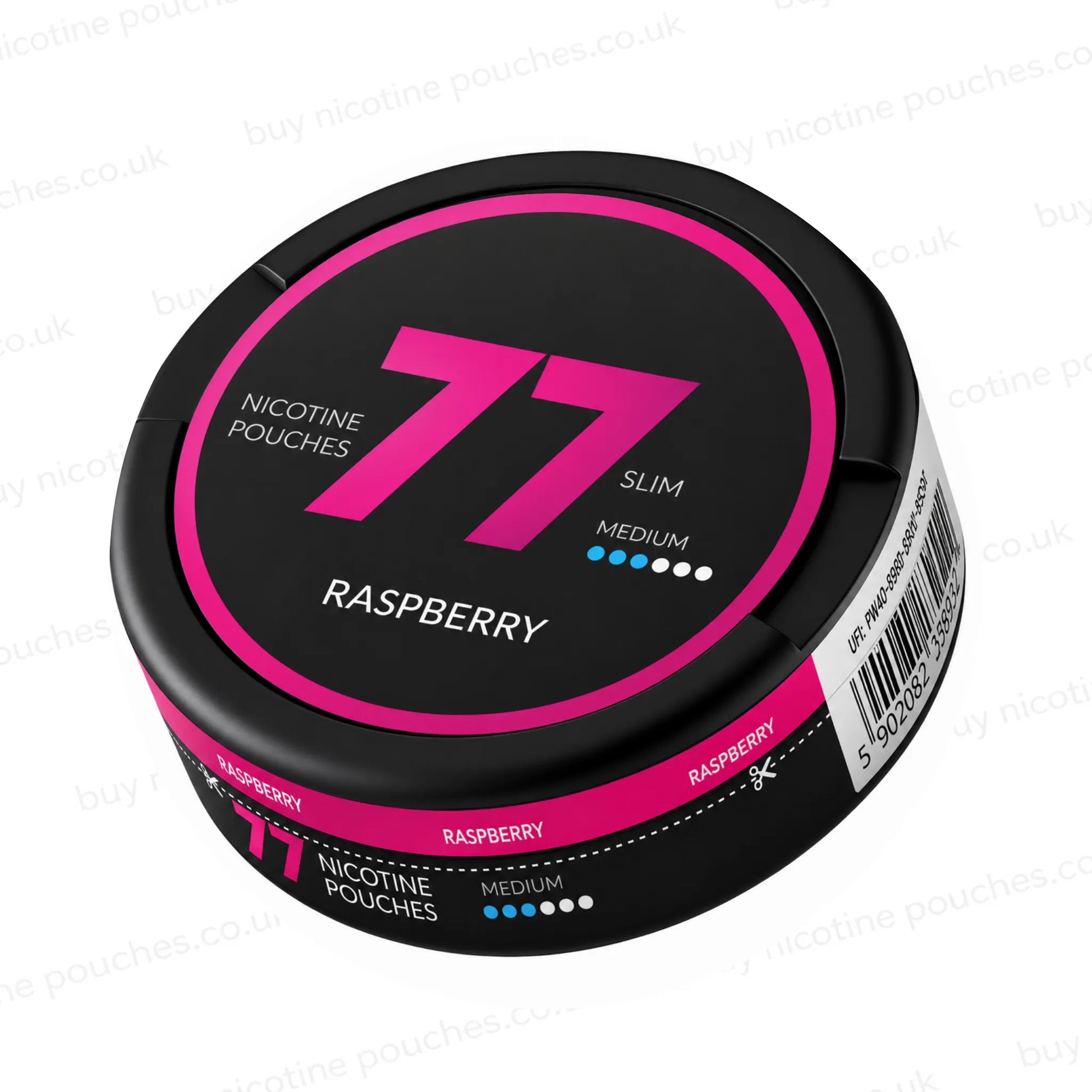 Angled shot of a black nicotine pouch container with purple 77 Raspberry branding on a white background.