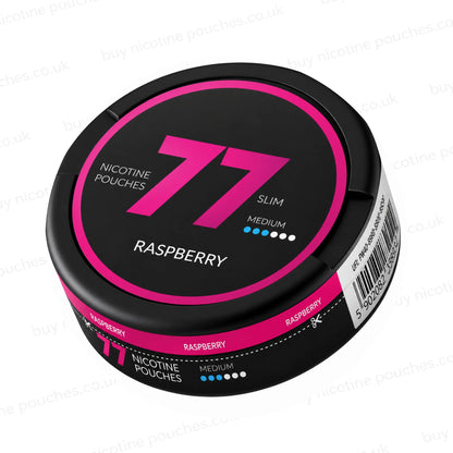 Angled shot of a black nicotine pouch container with purple 77 Raspberry branding on a white background.