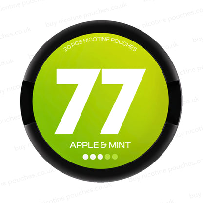Black nicotine pouch container with green 77 Apple & Mint branding on a white background.