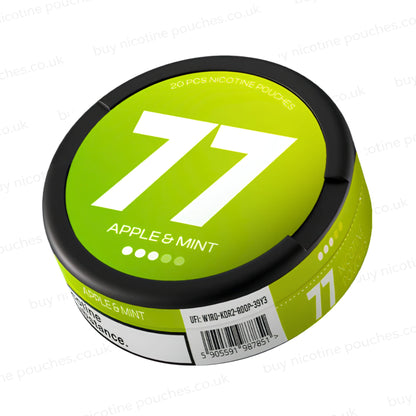 Angled shot of a black nicotine pouch container with green 77 Apple & Mint branding on a white background.