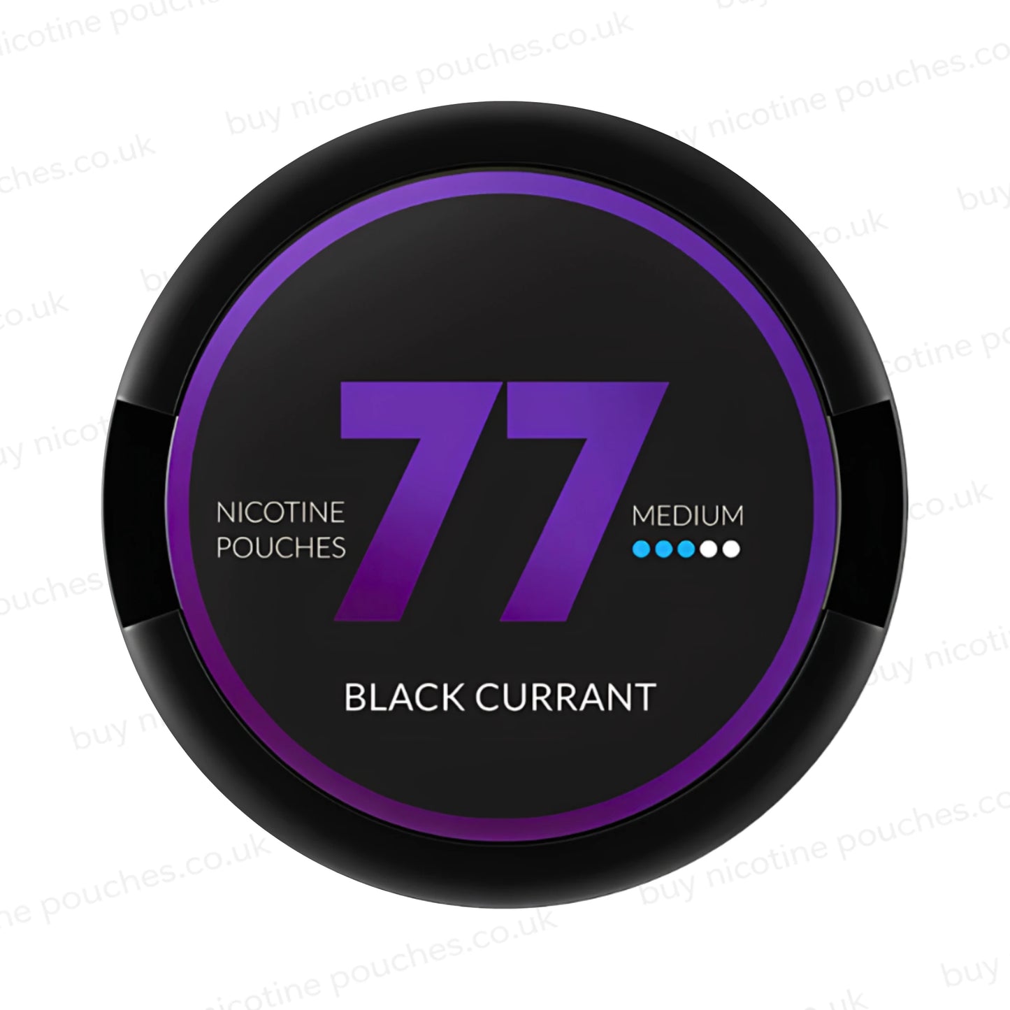 Black nicotine pouch container with purple 77 Black Currant branding on a white background.