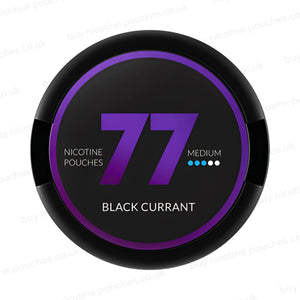 Black nicotine pouch container with purple 77 Black Currant branding on a white background.