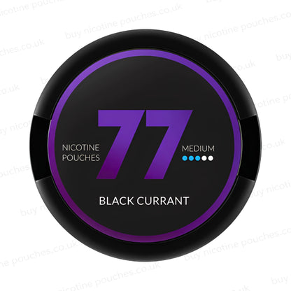 Black nicotine pouch container with purple 77 Black Currant branding on a white background.