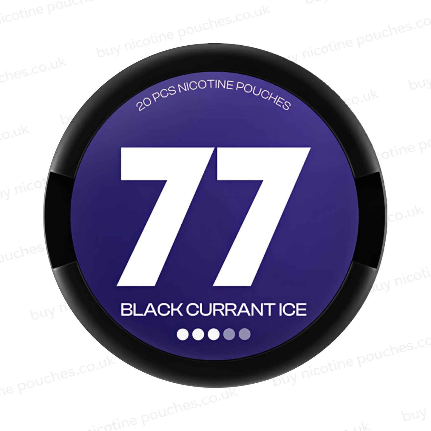 Black nicotine pouch container with purple 77 Blackcurrant Ice branding on a white background.