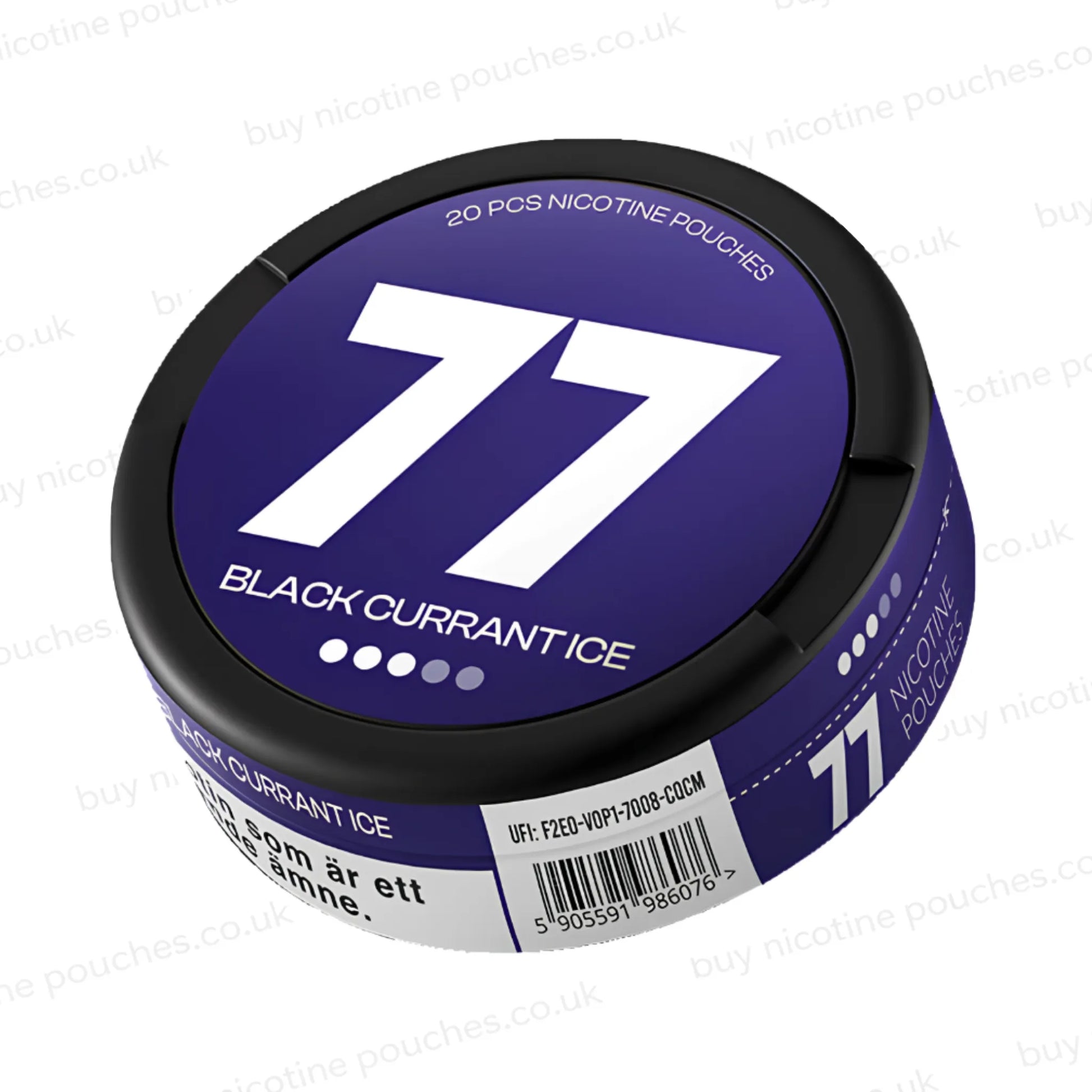 Angled shot of a black nicotine pouch container with purple 77 Blackcurrant Ice branding on a white background.