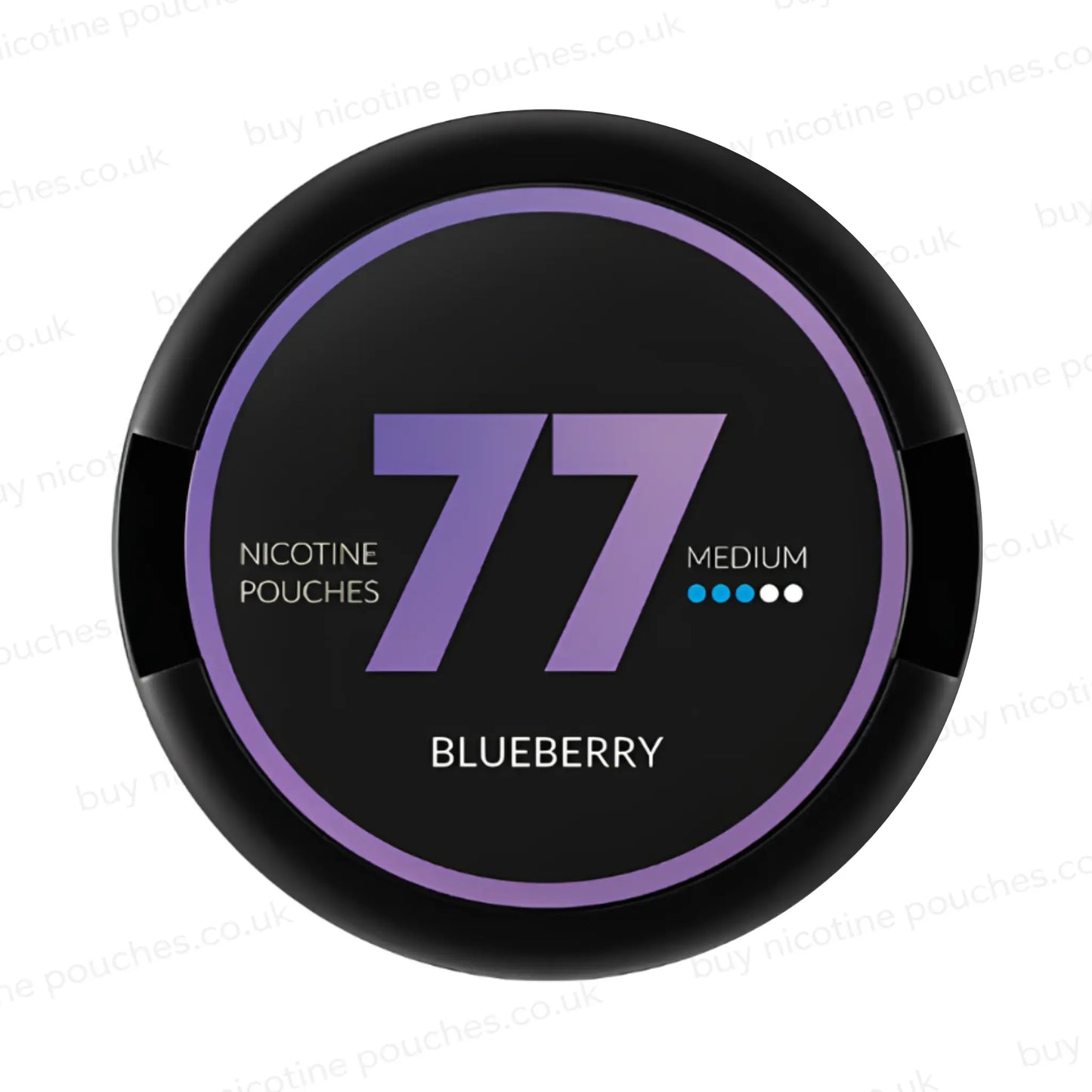 Circular nicotine pouch tub with black and purple 77 Blueberry branding on a white background.