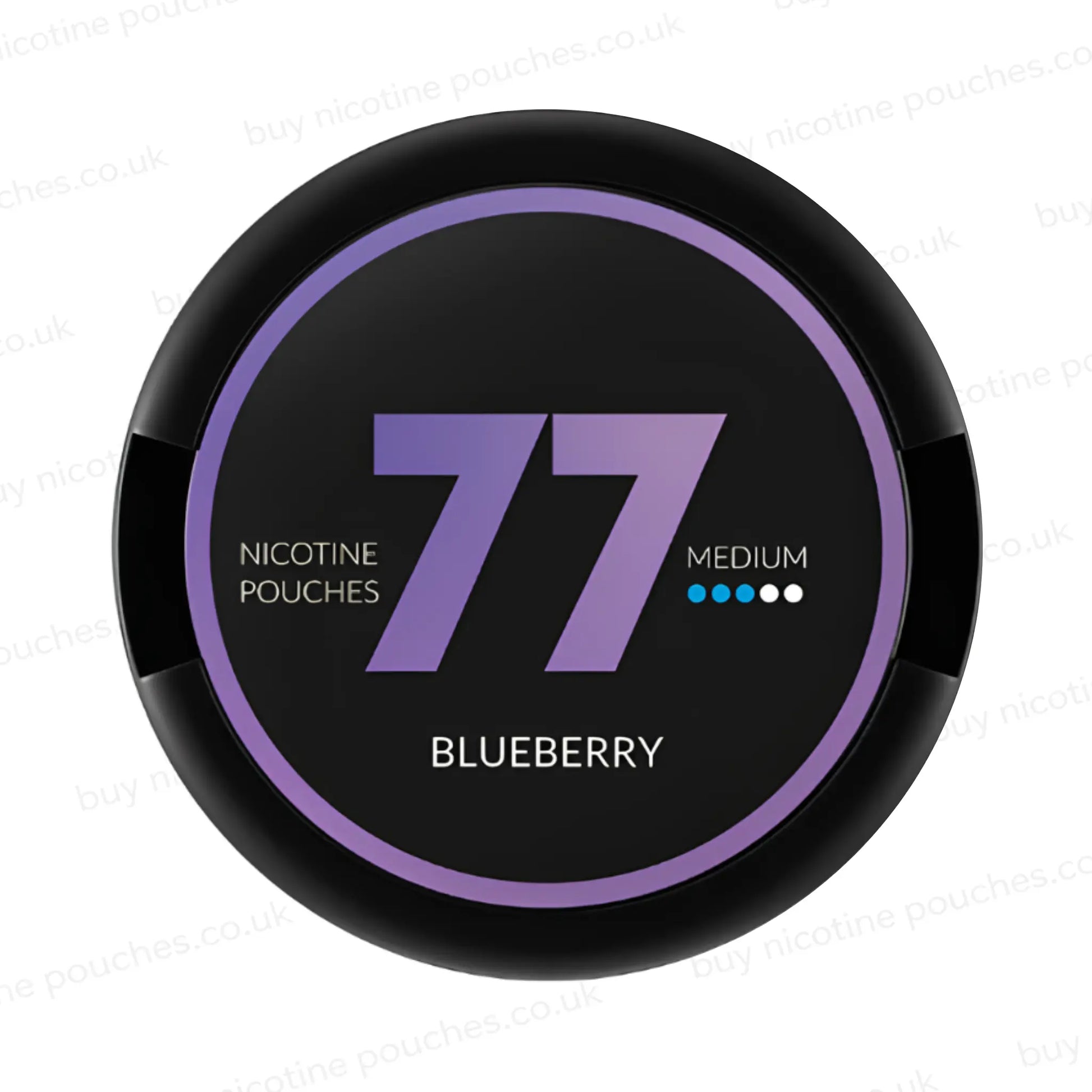 Circular nicotine pouch tub with black and purple 77 Blueberry branding on a white background.