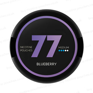 Circular nicotine pouch tub with black and purple 77 Blueberry branding on a white background.