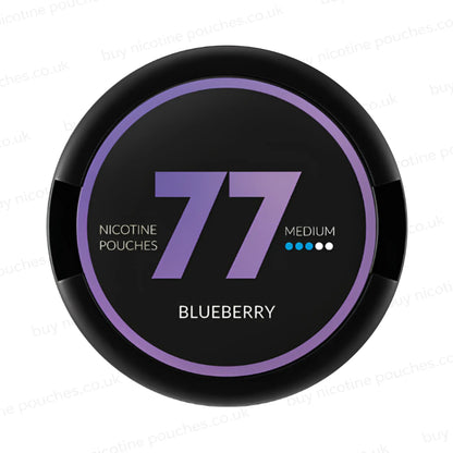Circular nicotine pouch tub with black and purple 77 Blueberry branding on a white background.