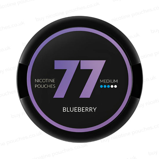 Circular nicotine pouch tub with black and purple 77 Blueberry branding on a white background.