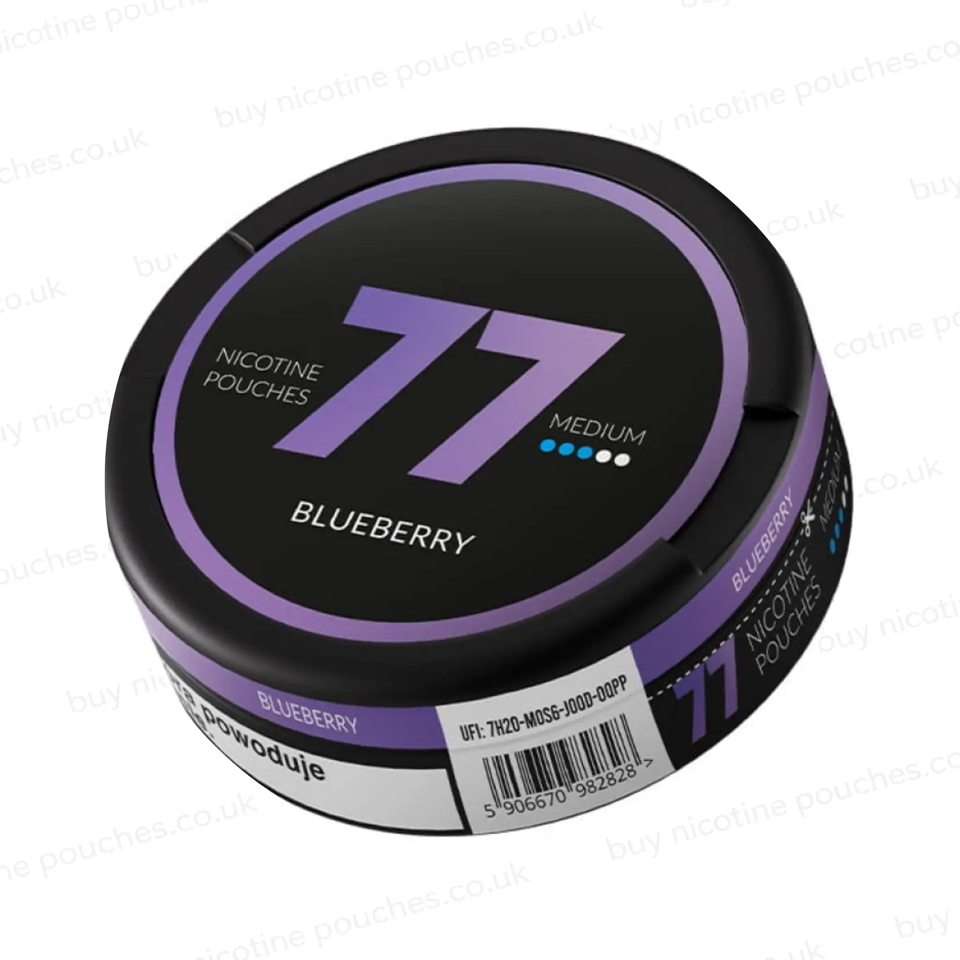 Angled shot of a circular nicotine pouch tub with black and purple 77 Blueberry branding on a white background.