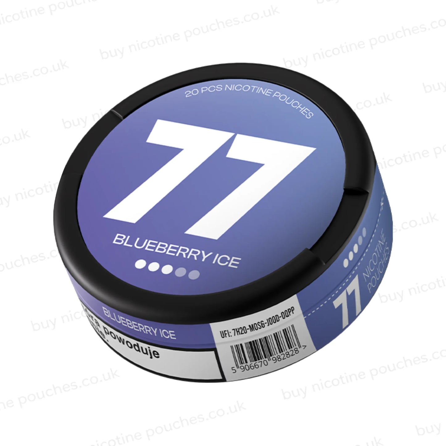 Angled shot of a round nicotine pouch can with a black rim and a blue-purple label. The label features a large white '77' in the center, with 'BLUEBERRY ICE' written below in white.