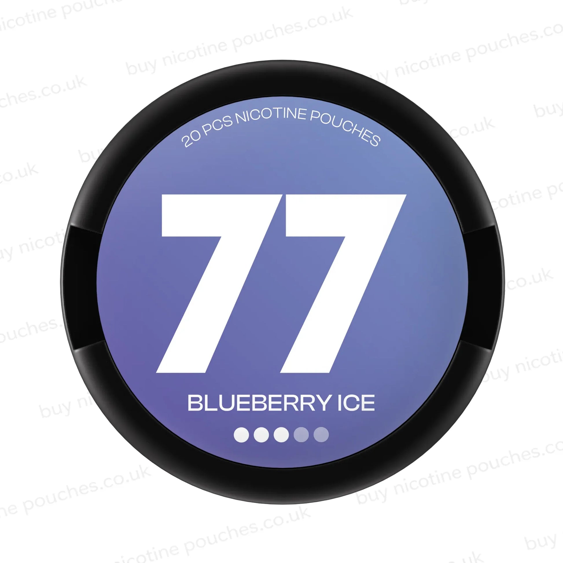 A round nicotine pouch can with a black rim and a blue-purple label. The label features a large white '77' in the center, with 'BLUEBERRY ICE' written below in white.
