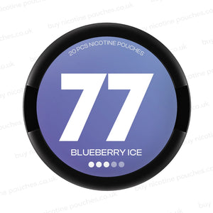 A round nicotine pouch can with a black rim and a blue-purple label. The label features a large white '77' in the center, with 'BLUEBERRY ICE' written below in white.