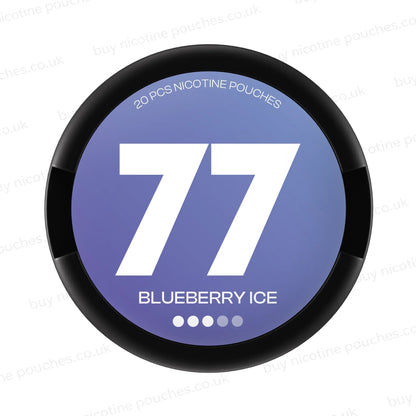 A round nicotine pouch can with a black rim and a blue-purple label. The label features a large white '77' in the center, with 'BLUEBERRY ICE' written below in white.