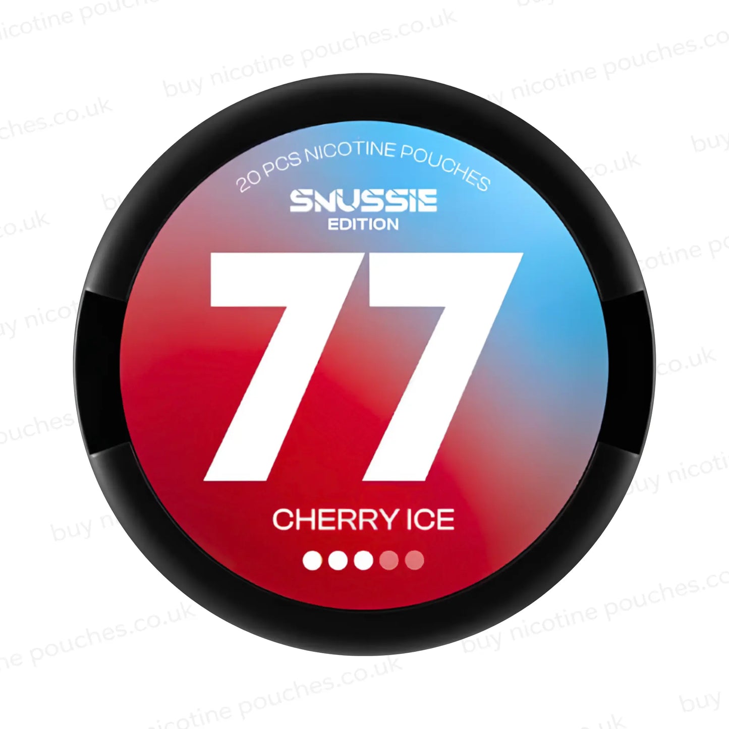 Circular nicotine pouch tub with red and blue 77 Cherry Ice branding on a white background.