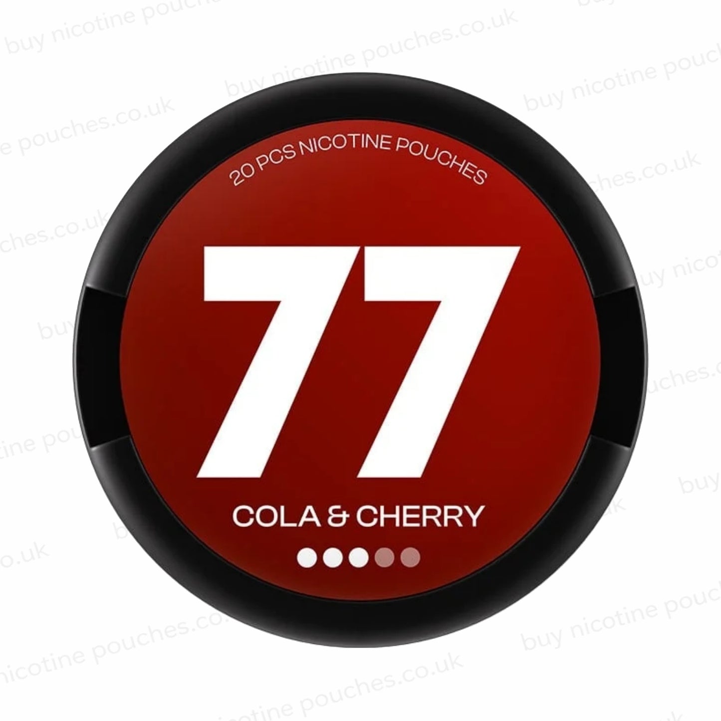 Nicotine pouch tub with dark red and white '77 COLA & CHERRY' branding on a white background.