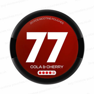 Nicotine pouch tub with dark red and white '77 COLA & CHERRY' branding on a white background.