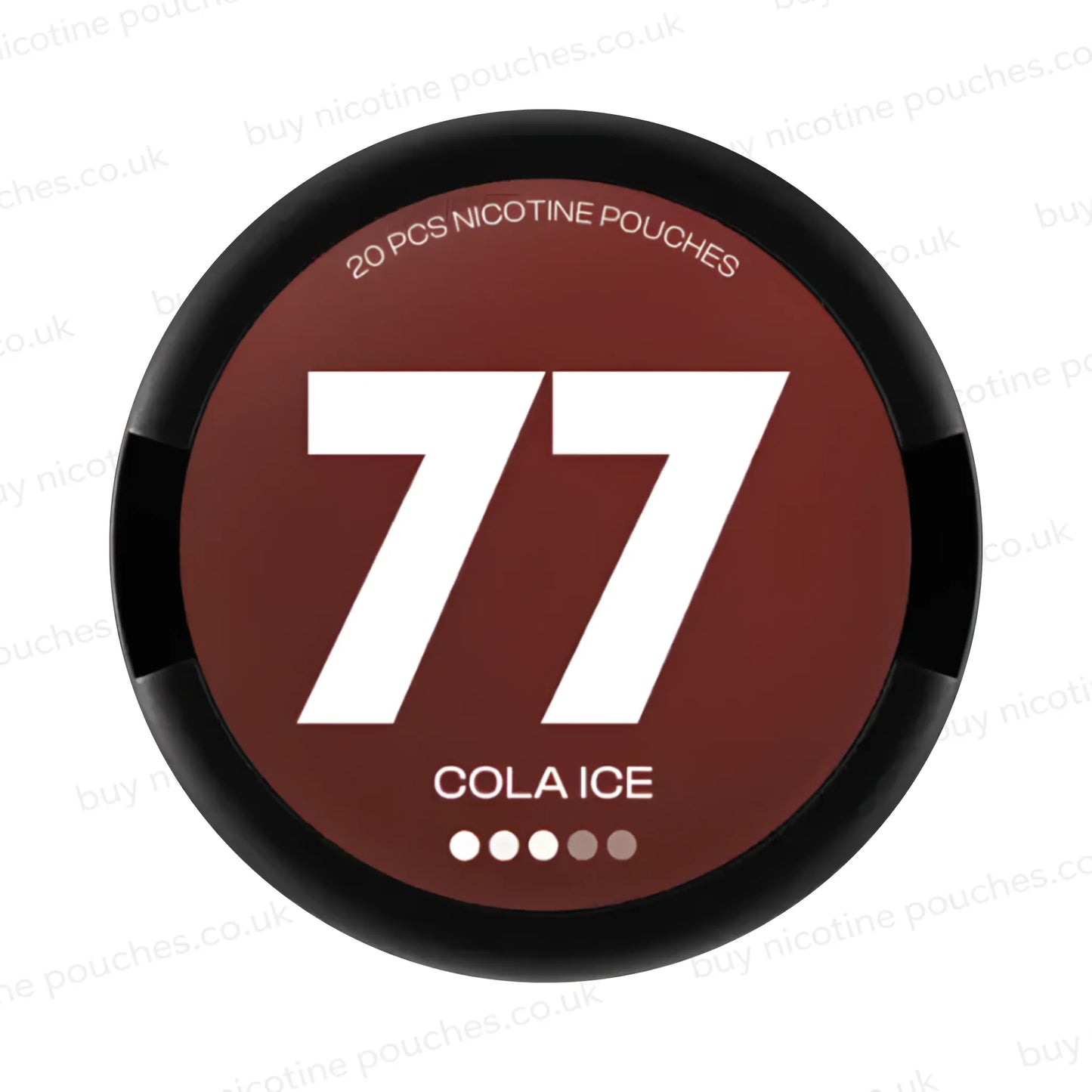Black nicotine pouch container with brown 77 Cola Ice branding on a white background.